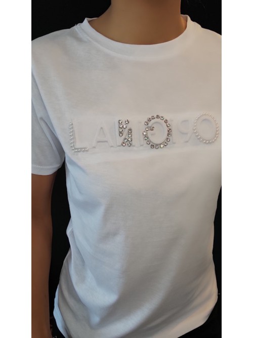 Λευκό T-shirt "ORIGINAL" με Διαμάντια και Μαργαριτάρια 