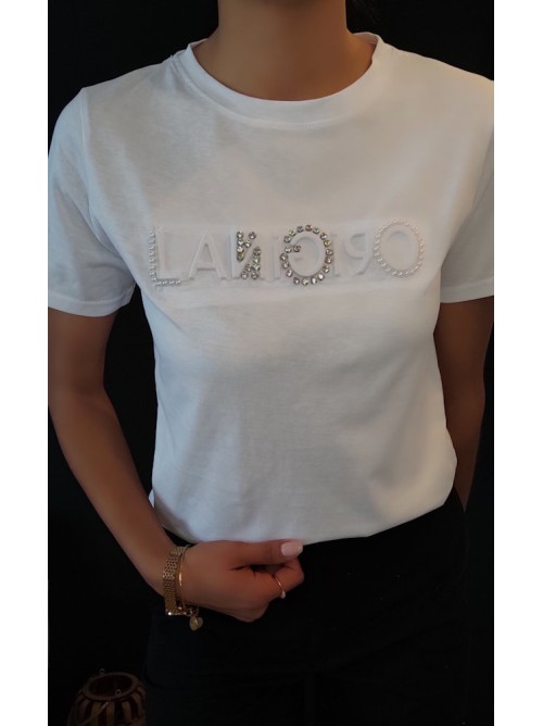 Λευκό T-shirt "ORIGINAL" με Διαμάντια και Μαργαριτάρια 