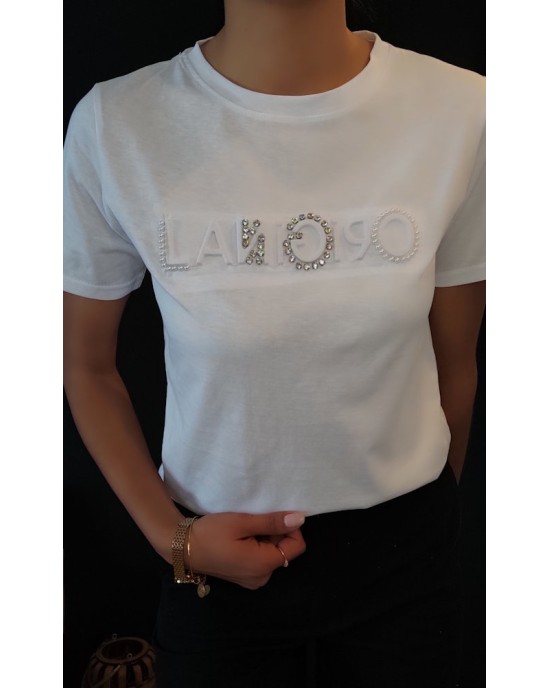 Λευκό T-shirt "ORIGINAL" με Διαμάντια και Μαργαριτάρια Λευκό T-shirt "ORIGINAL" με Διαμάντια και Μαργαριτάρια