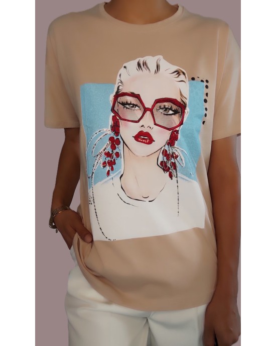 Γυναικείο T-shirt με Σχέδιο Μόδας και Παγέτες-231