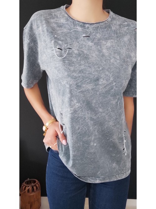 T-shirt με Σκισίματα & Αλυσίδα – Γκρι & Ροζ-193