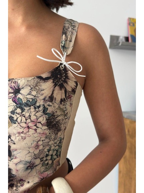 Floral Corset Top με Λουλουδάτο Print & Δεσίματα- 418
