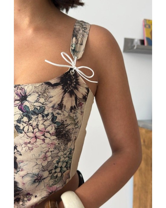 Floral Corset Top με Λουλουδάτο Print & Δεσίματα- 418