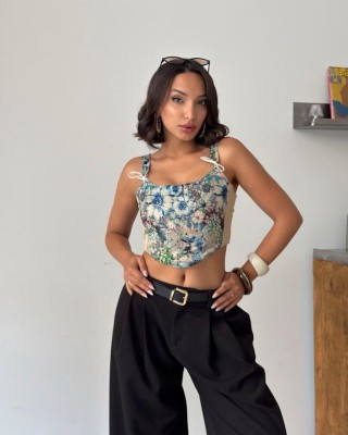 Blue Floral Corset Top με Λουλουδάτο Print & Δεσίματα- 419