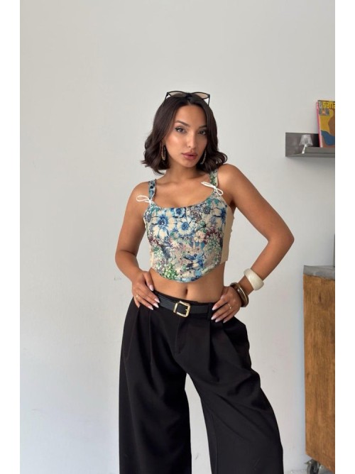 Blue Floral Corset Top με Λουλουδάτο Print & Δεσίματα- 419