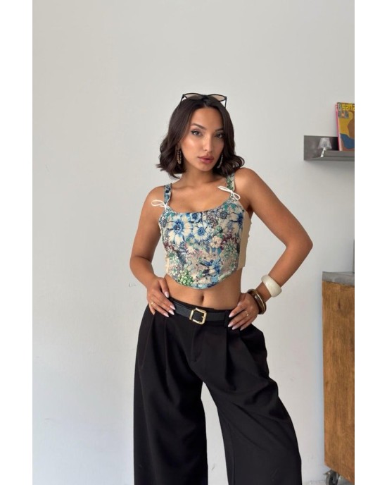 Blue Floral Corset Top με Λουλουδάτο Print & Δεσίματα- 419