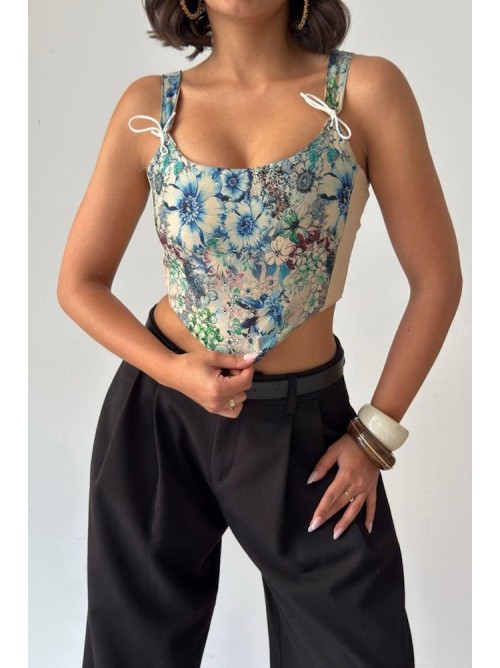 Blue Floral Corset Top με Λουλουδάτο Print & Δεσίματα- 419