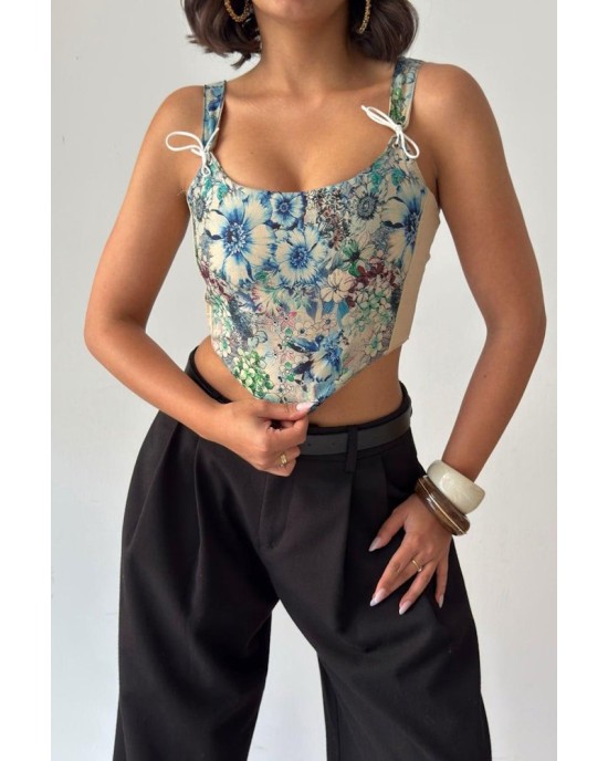 Blue Floral Corset Top με Λουλουδάτο Print & Δεσίματα- 419
