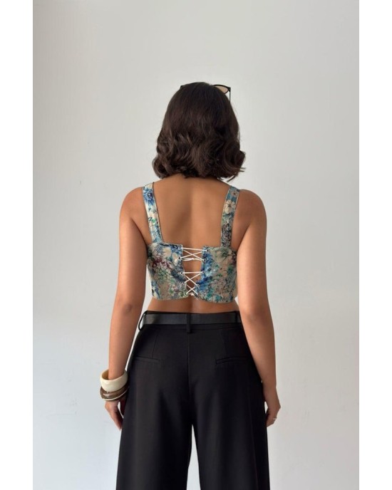 Blue Floral Corset Top με Λουλουδάτο Print & Δεσίματα- 419