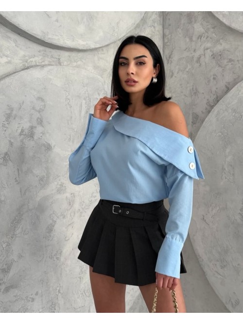 Ανοιχτό Μπλε Off-Shoulder Μπλουζοπουκάμισο με Κουμπιά - 177