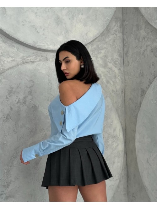 Ανοιχτό Μπλε Off-Shoulder Μπλουζοπουκάμισο με Κουμπιά - 177
