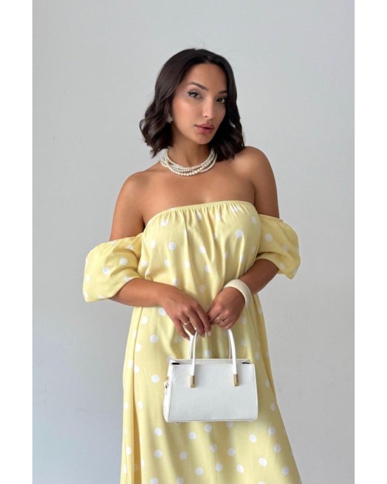 Midi Φόρεμα Πουά με Off Shoulder Μανίκια- 420