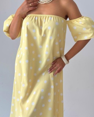 Midi Φόρεμα Πουά με Off Shoulder Μανίκια- 420