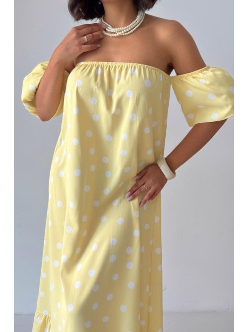 Midi Φόρεμα Πουά με Off Shoulder Μανίκια- 420