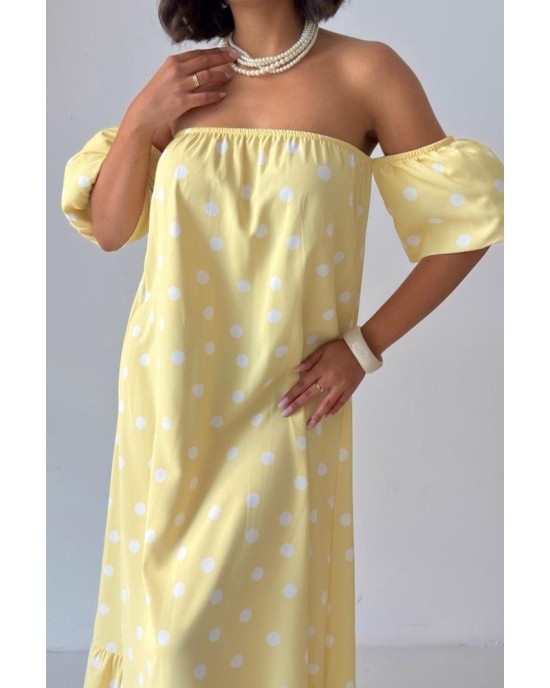 Midi Φόρεμα Πουά με Off Shoulder Μανίκια- 420
