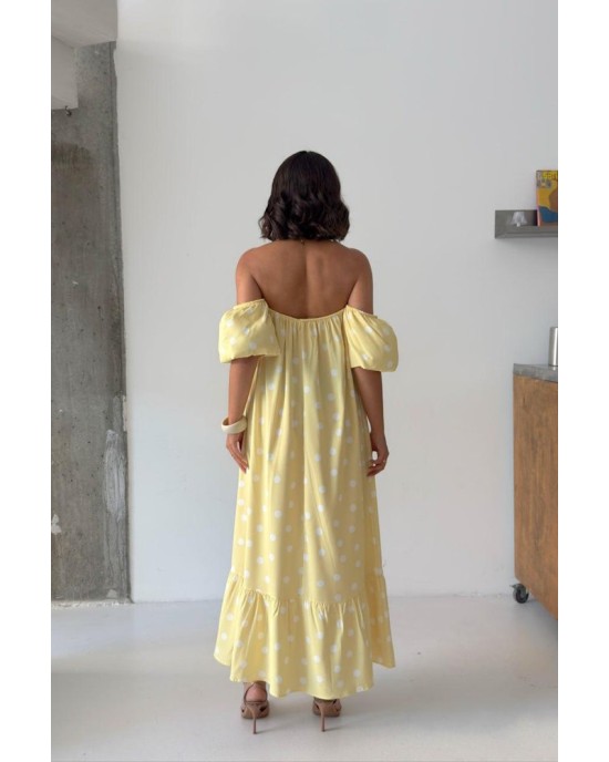 Midi Φόρεμα Πουά με Off Shoulder Μανίκια- 420
