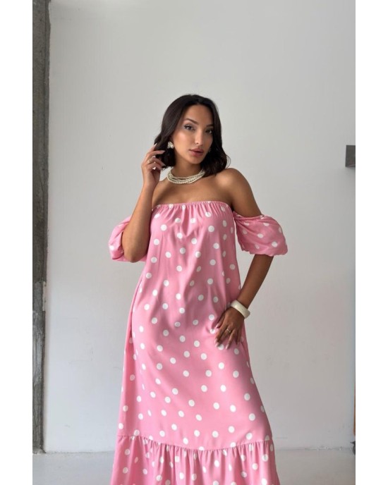Ροζ Midi Φόρεμα Πουά με Off Shoulder Μανίκια- 420