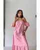 Ροζ Midi Φόρεμα Πουά με Off Shoulder Μανίκια- 420