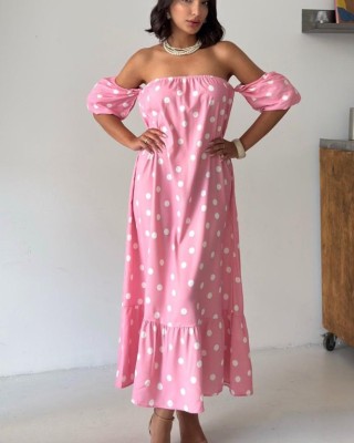 Ροζ Midi Φόρεμα Πουά με Off Shoulder Μανίκια- 420