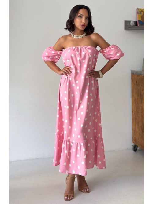 Ροζ Midi Φόρεμα Πουά με Off Shoulder Μανίκια- 420