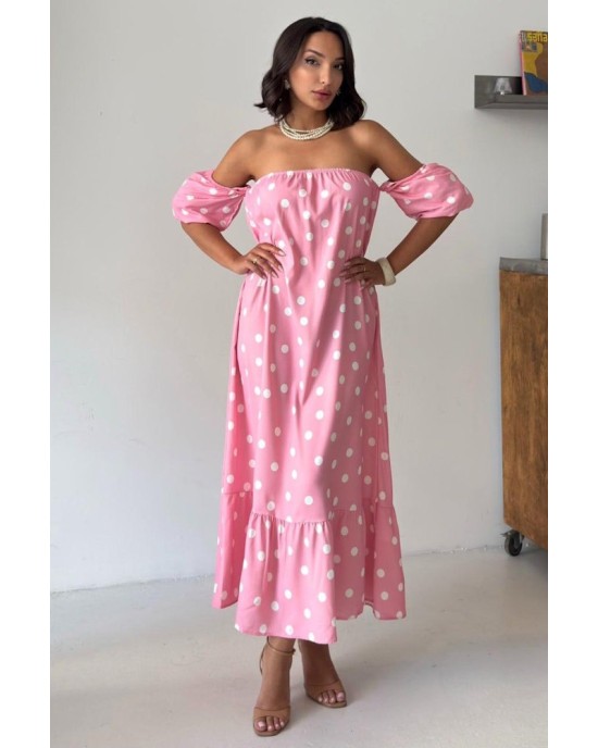 Ροζ Midi Φόρεμα Πουά με Off Shoulder Μανίκια- 420