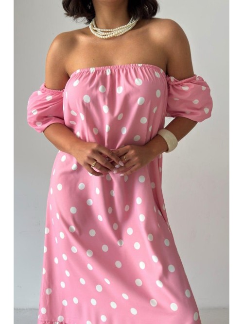 Ροζ Midi Φόρεμα Πουά με Off Shoulder Μανίκια- 420