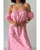 Ροζ Midi Φόρεμα Πουά με Off Shoulder Μανίκια- 420