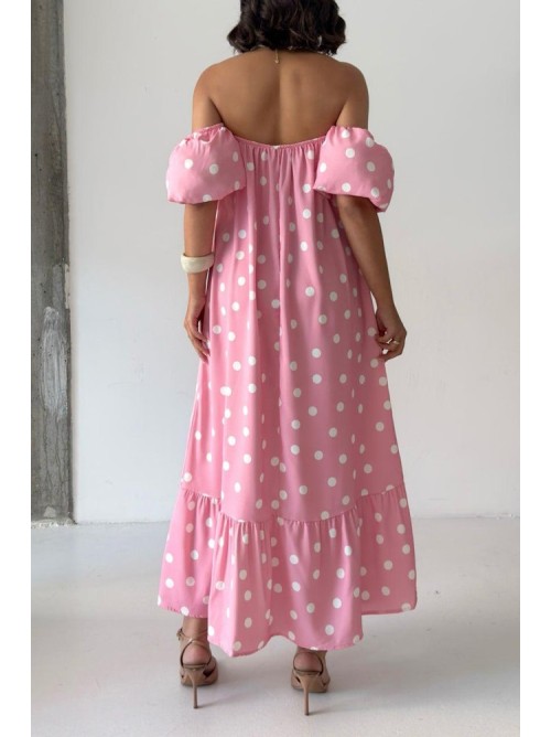 Ροζ Midi Φόρεμα Πουά με Off Shoulder Μανίκια- 421