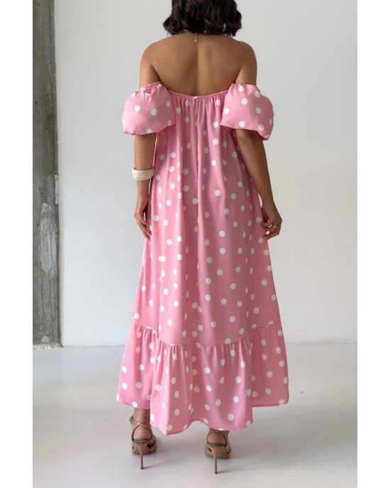 Ροζ Midi Φόρεμα Πουά με Off Shoulder Μανίκια- 420