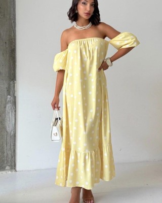 Midi Φόρεμα Πουά με Off Shoulder Μανίκια- 420