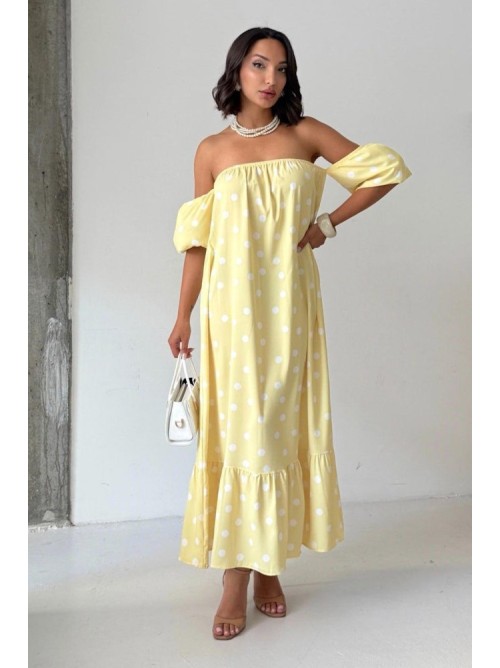 Midi Φόρεμα Πουά με Off Shoulder Μανίκια- 420