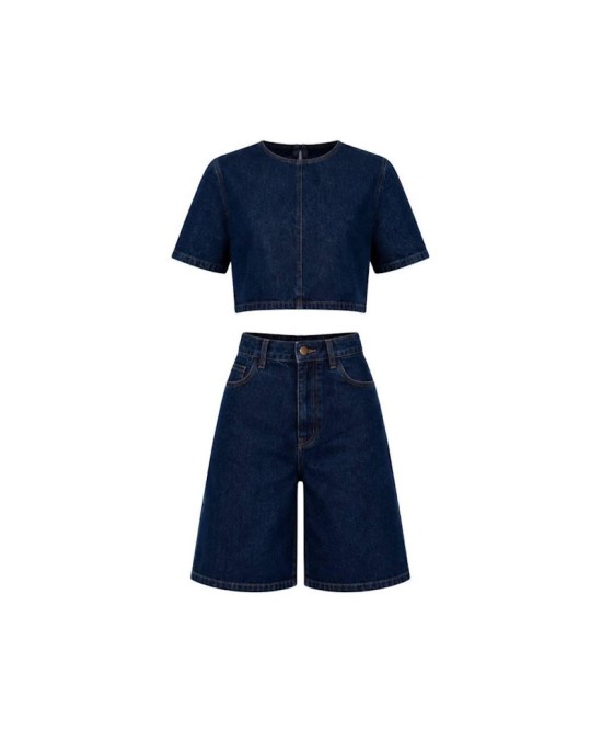 Denim Σετ με Cropped Top & Bermuda Σορτς- 422