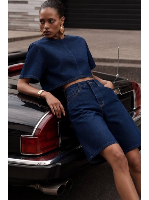 Denim Σετ με Cropped Top & Bermuda Σορτς- 422
