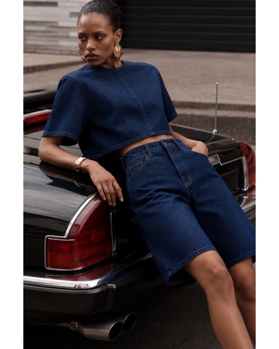 Denim Σετ με Cropped Top & Bermuda Σορτς- 422