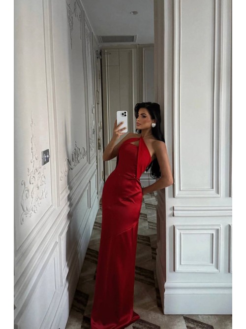 Red Satin Halter Gown- 336