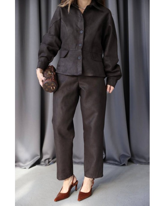 Σετ Suede Effect Jacket & Παντελόνι σε Chocolate Brown- 426