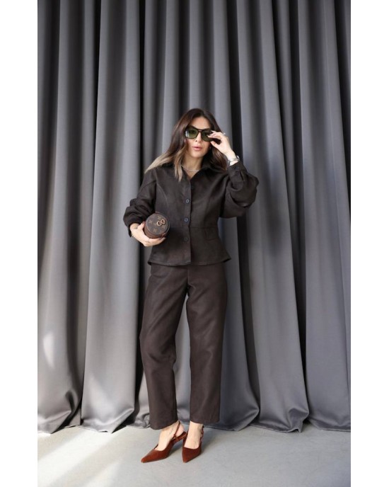 Σετ Suede Effect Jacket & Παντελόνι σε Chocolate Brown- 426