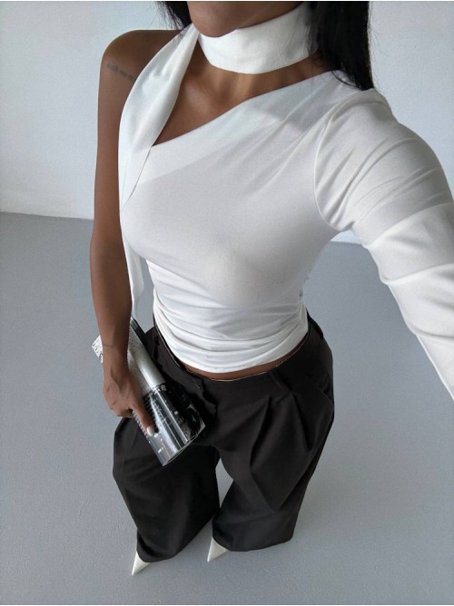 Μπλούζα Ασύμμετρη One Shoulder με Δέσιμο – Άσπρο- 273