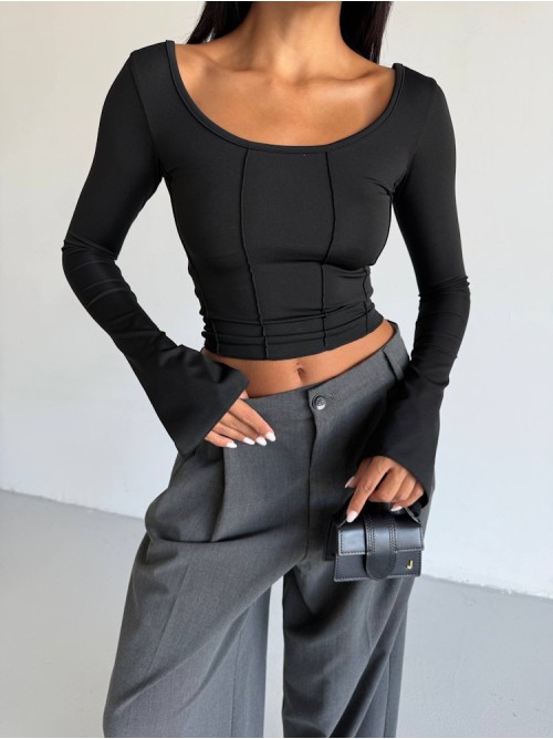 Μπλούζα Crop Top με Μακρύ Μανίκι – Μαύρο- 288