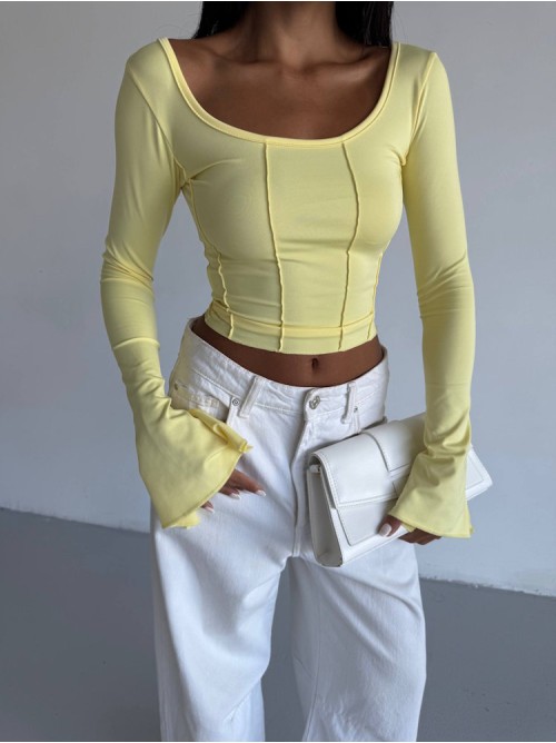 Μπλούζα Crop Top με Μακρύ Μανίκι – Κίτρινο- 289