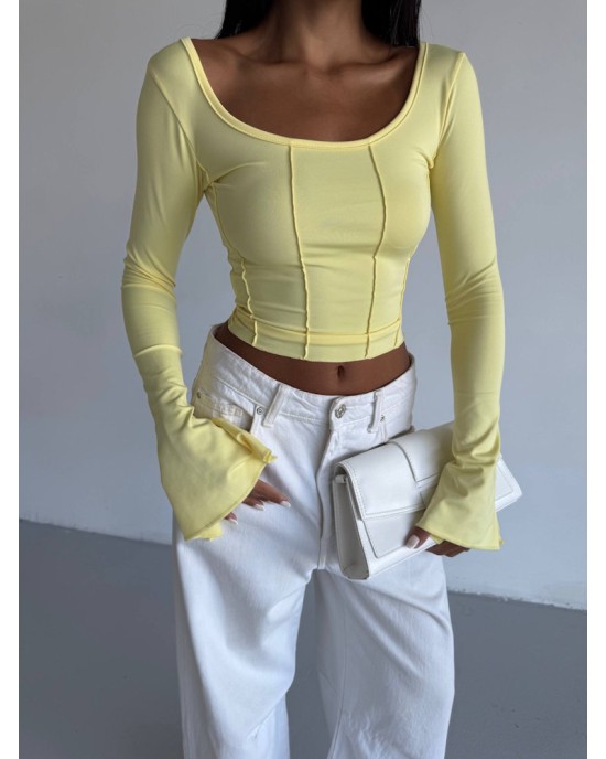 Μπλούζα Crop Top με Μακρύ Μανίκι – Κίτρινο- 289