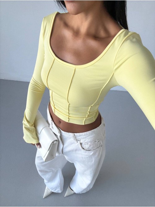 Μπλούζα Crop Top με Μακρύ Μανίκι – Κίτρινο- 289