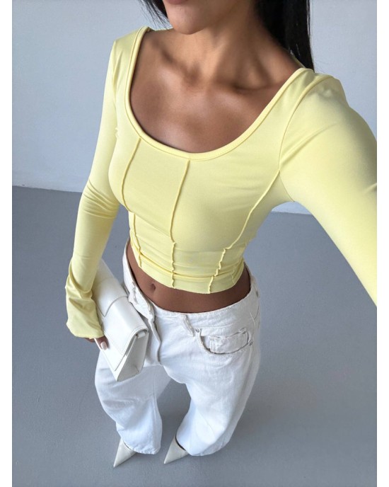 Μπλούζα Crop Top με Μακρύ Μανίκι – Κίτρινο- 289