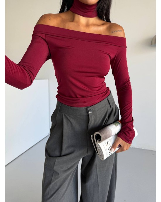 Γυναικείο Off Shoulder Τοπ Μακρυμάνικο Μπορντό- 278