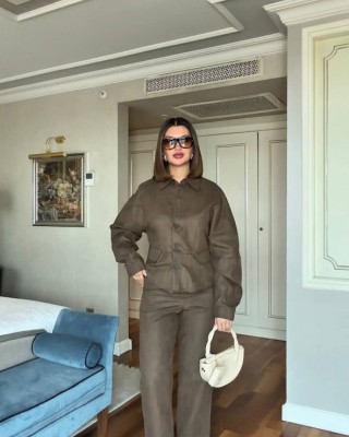 Σετ Suede Effect Jacket & Παντελόνι σε Taupe- 425