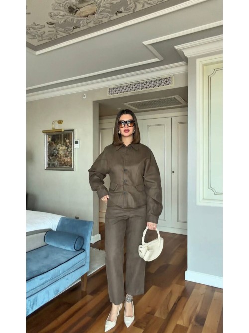 Σετ Suede Effect Jacket & Παντελόνι σε Taupe- 425