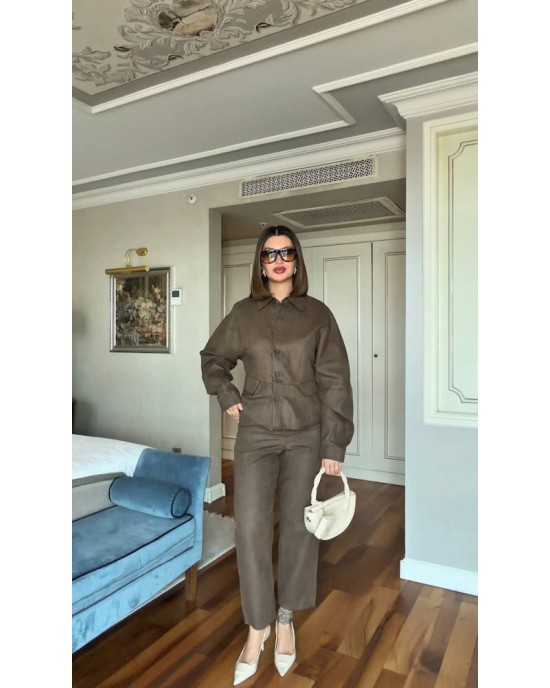 Σετ Suede Effect Jacket & Παντελόνι σε Taupe- 425