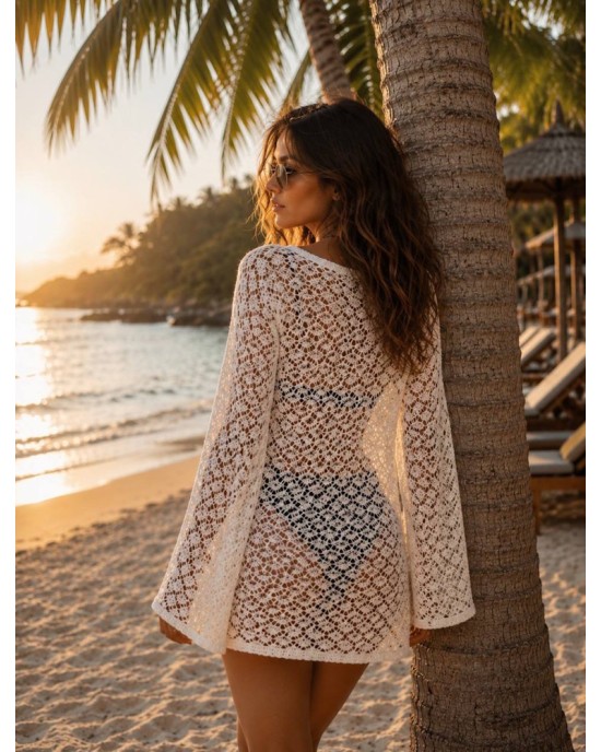 Beach Crochet Cover Up Mini Dress – Λευκό- 412