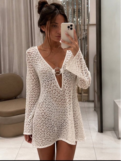 Beach Crochet Cover Up Mini Dress – Λευκό- 412