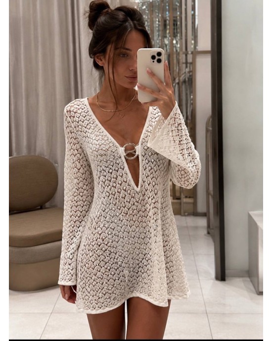 Beach Crochet Cover Up Mini Dress – Λευκό- 412
